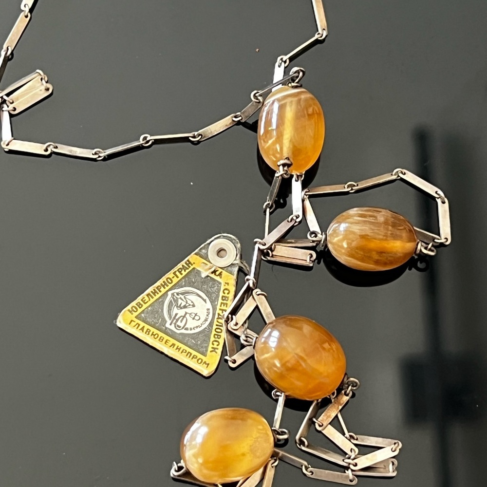 VTG MODERNIST SILVER SARDONYX LONG NECKLACE USSR Soviet